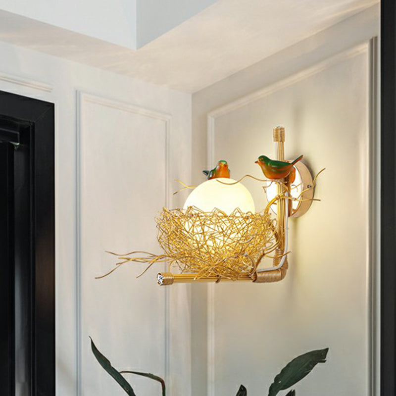 Aluminum Bird Den Wall Sconce Art Decor With 1-Light Gold Finish Oval White Glass Shade / Arc