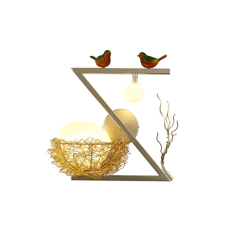 Aluminum Bird Den Wall Sconce Art Decor With 1-Light Gold Finish Oval White Glass Shade