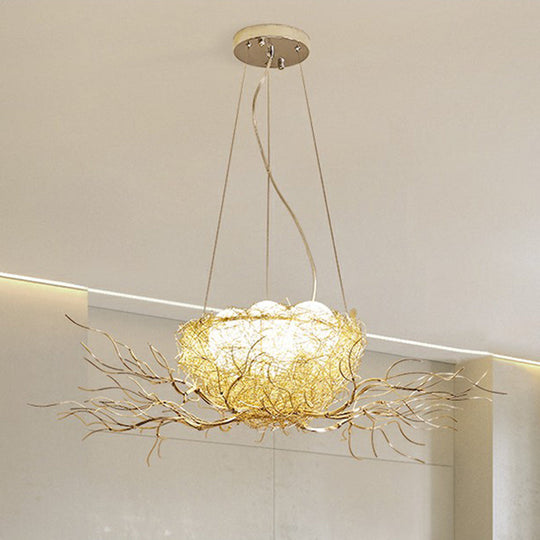 Modern Nest Pendant Light In Beige Aluminum - 3 Heads Chandelier Fixture For Dining Room