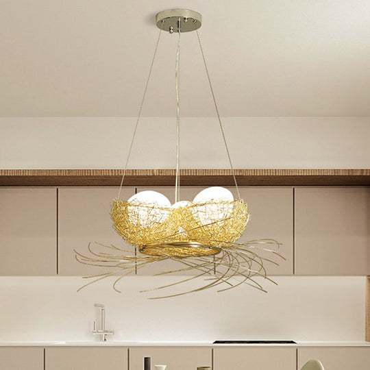 Modern Nest Pendant Light In Beige Aluminum - 3 Heads Chandelier Fixture For Dining Room /