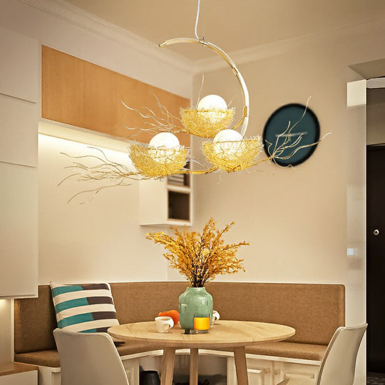 Modern Nest Pendant Light In Beige Aluminum - 3 Heads Chandelier Fixture For Dining Room