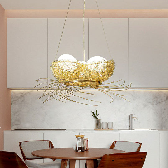 Modern Nest Pendant Light In Beige Aluminum - 3 Heads Chandelier Fixture For Dining Room