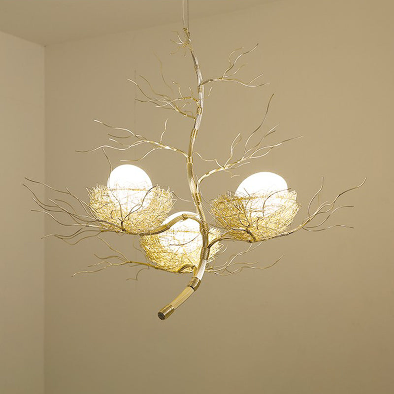 Modern Nest Pendant Light In Beige Aluminum - 3 Heads Chandelier Fixture For Dining Room / Tree