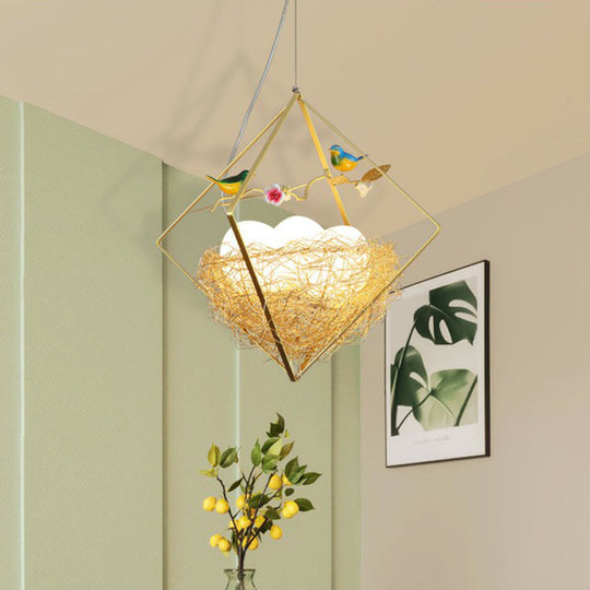 Nordic Metal 3-Light Birds Nest Chandelier - Beige Hanging Light With Rhombus Frame And Egg Shade