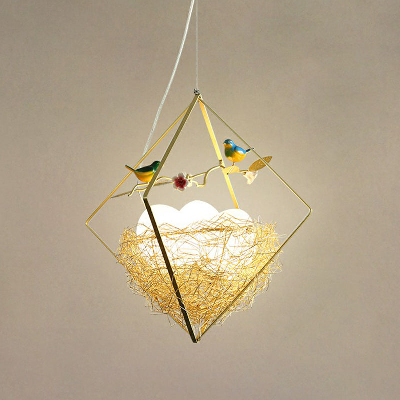 Nordic Metal 3-Light Birds Nest Chandelier - Beige Hanging Light With Rhombus Frame And Egg Shade