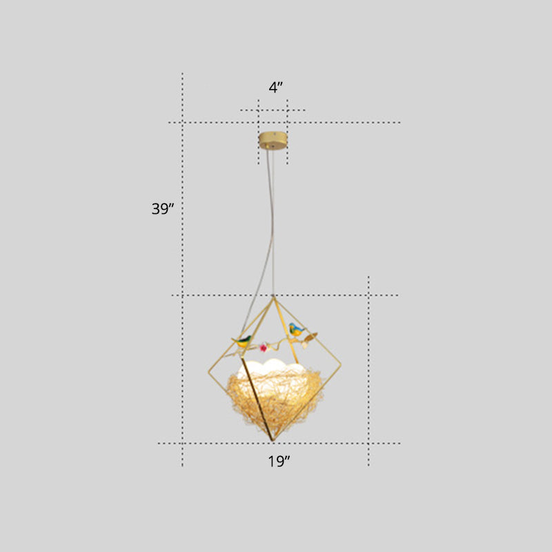 Nordic Metal 3-Light Birds Nest Chandelier - Beige Hanging Light With Rhombus Frame And Egg Shade