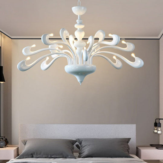 Minimalist Swan Chandelier In White - Metallic Living Room Hanging Light With 12 Bulbs