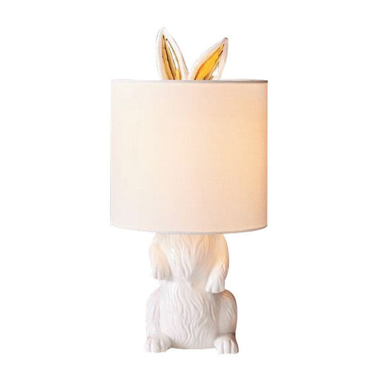 White Rabbit Pedestal Cartoon Night Light For Bedroom - Fabric Cylindrical Table Lamp