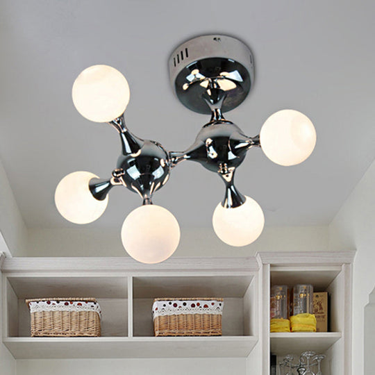 Modern Chrome Molecular Semi Flush Ceiling Lamp with Opal Glass Ball Shade - 5 Bulbs