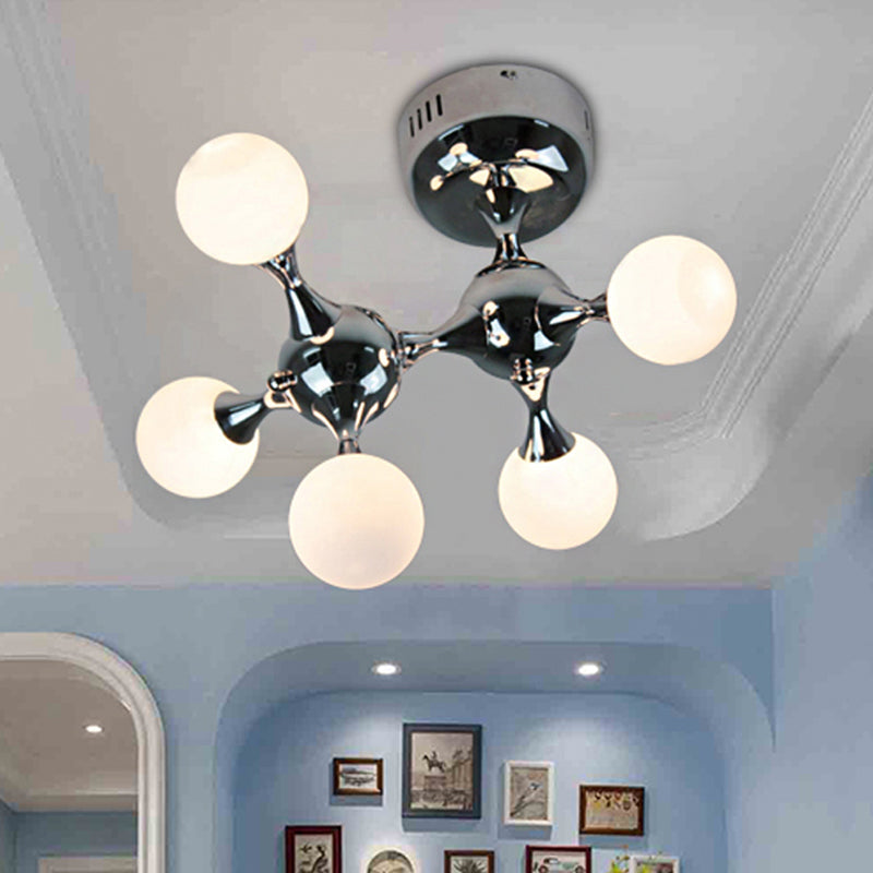 Modern Chrome Molecular Semi Flush Ceiling Lamp with Opal Glass Ball Shade - 5 Bulbs