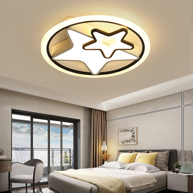 Cartoon Led Kids Ceiling Lamp In Black Metal Round Flush Mount Fixture