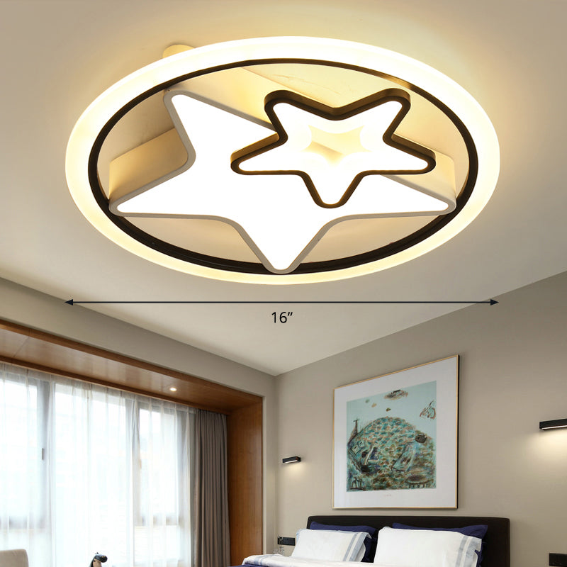 Cartoon Led Kids Ceiling Lamp In Black Metal Round Flush Mount Fixture / 16