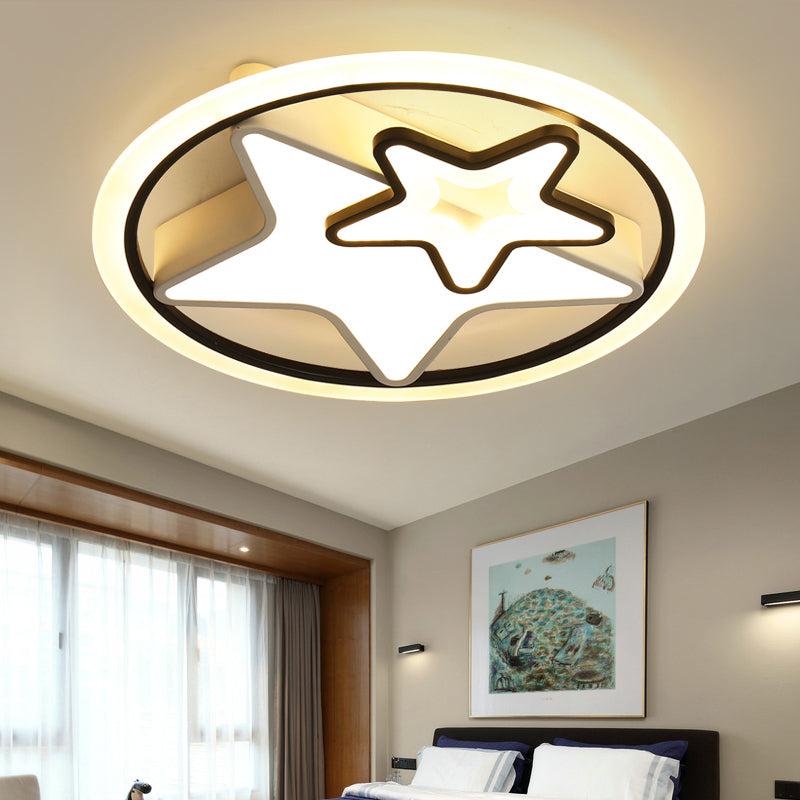 Cartoon Led Kids Ceiling Lamp In Black Metal Round Flush Mount Fixture