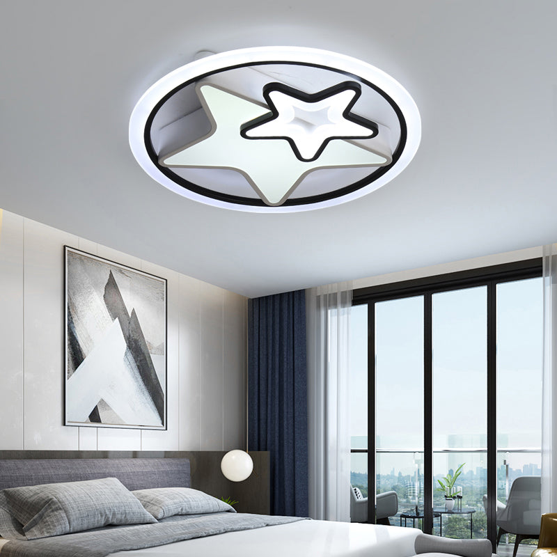 Cartoon Led Kids Ceiling Lamp In Black Metal Round Flush Mount Fixture