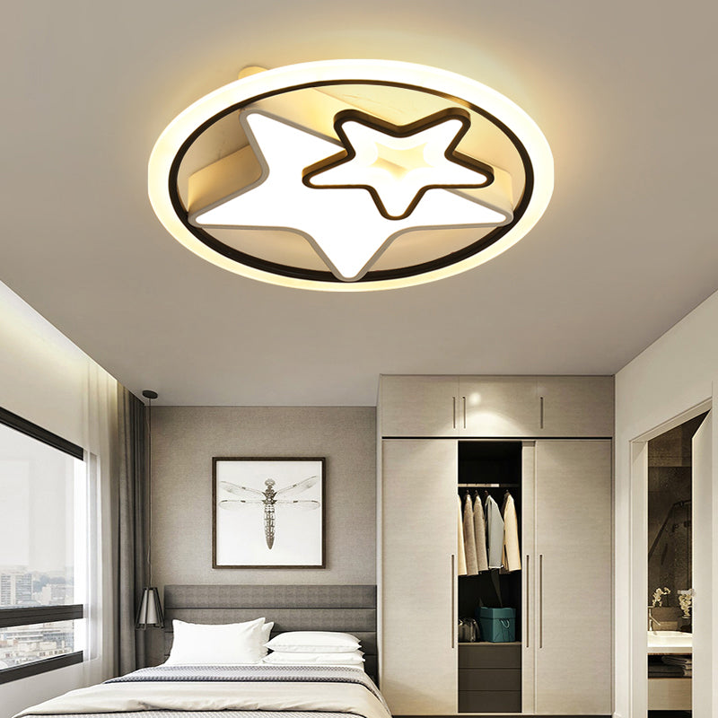 Cartoon Led Kids Ceiling Lamp In Black Metal Round Flush Mount Fixture