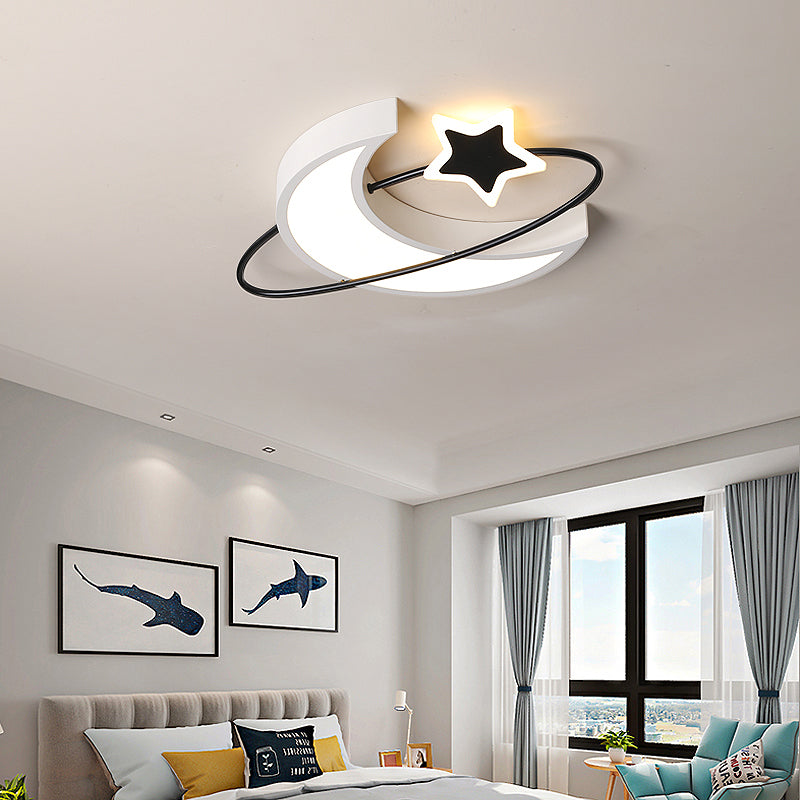 Minimalist Moon & Star Ceiling Light: Acrylic Led Flush Mount In Black-White For Bedrooms