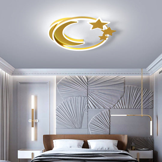 Cartoon Crescent And Star Flushmount Led Ceiling Light For Kids Bedroom