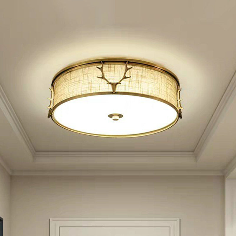 Nordic Foyer Charm: Fabric Drum Flush Mount Ceiling Light With Decorative Antler Accents