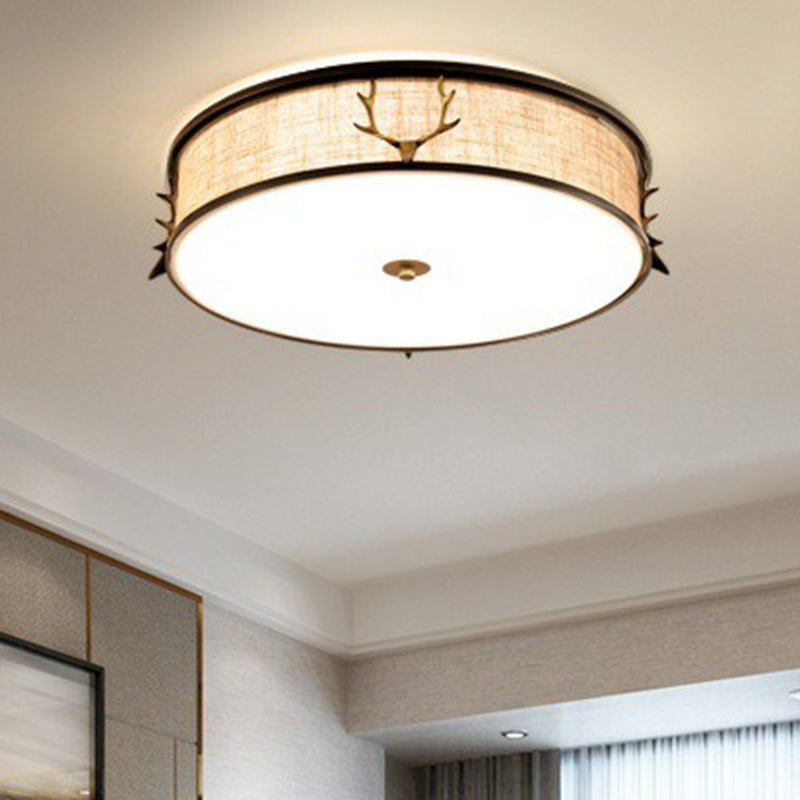 Nordic Foyer Charm: Fabric Drum Flush Mount Ceiling Light With Decorative Antler Accents