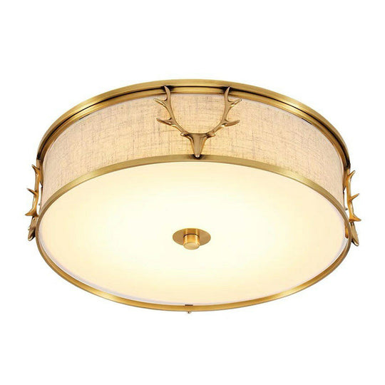 Nordic Foyer Charm: Fabric Drum Flush Mount Ceiling Light With Decorative Antler Accents