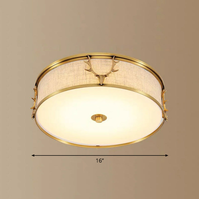 Nordic Foyer Charm: Fabric Drum Flush Mount Ceiling Light with Decorative Antler Accents