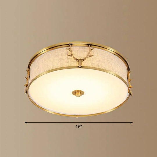 Nordic Foyer Charm: Fabric Drum Flush Mount Ceiling Light With Decorative Antler Accents