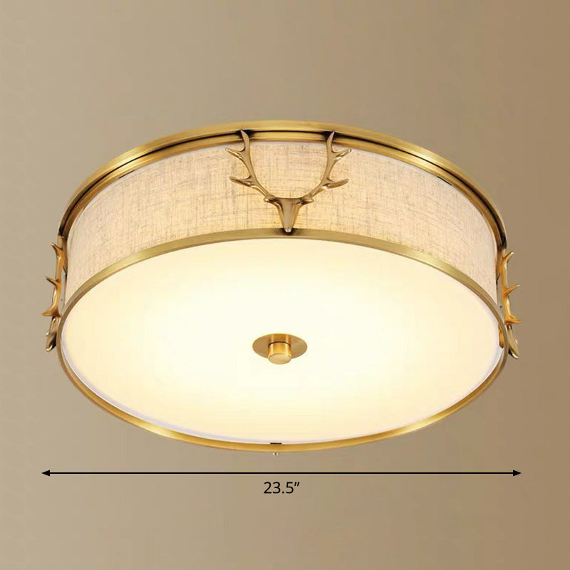 Nordic Foyer Charm: Fabric Drum Flush Mount Ceiling Light With Decorative Antler Accents Brass /