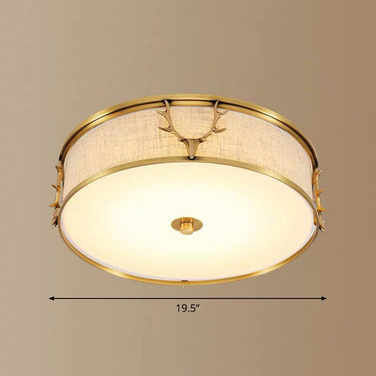 Nordic Foyer Charm: Fabric Drum Flush Mount Ceiling Light With Decorative Antler Accents