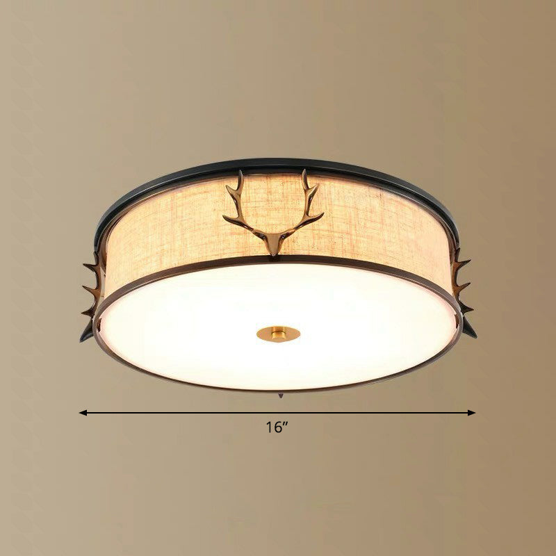 Nordic Foyer Charm: Fabric Drum Flush Mount Ceiling Light with Decorative Antler Accents