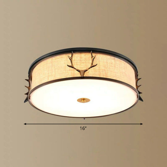 Nordic Foyer Charm: Fabric Drum Flush Mount Ceiling Light With Decorative Antler Accents