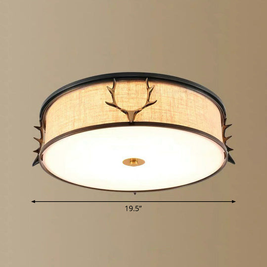 Nordic Foyer Charm: Fabric Drum Flush Mount Ceiling Light with Decorative Antler Accents