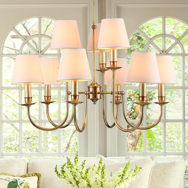 Modern Conic Shade Chandelier: Stylish 9-Light Drop Lamp For Living Room With Arched Brass Arm