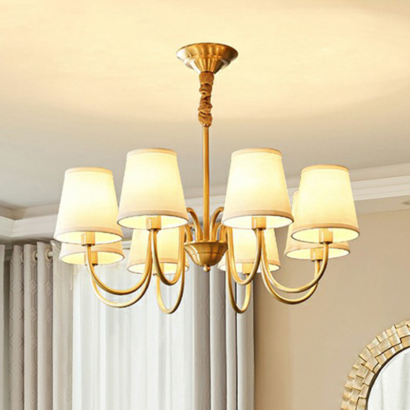 Minimalistic Brass Chandelier With Curvy Arm And Cone Fabric Shade For Living Room Pendant Lighting