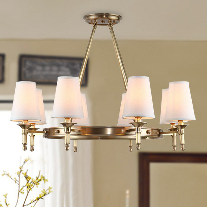 Brass Cone Hanging Ceiling Light - Minimalist Fabric Chandelier For Dining Room