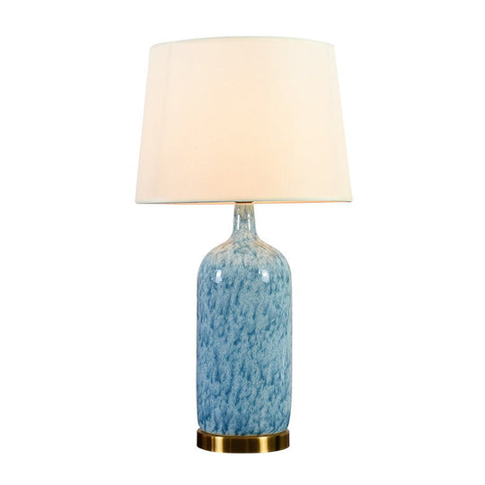 Blue Tapered Nightstand Lamp: Simplistic Fabric Table Light With Ceramic Jug Base