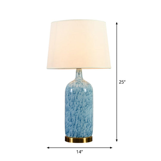 Blue Tapered Nightstand Lamp: Simplistic Fabric Table Light With Ceramic Jug Base