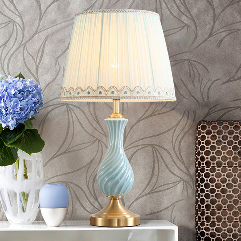 Blue Ceramic Table Lamp With Pleated Fabric Shade - Modern Nightstand Light