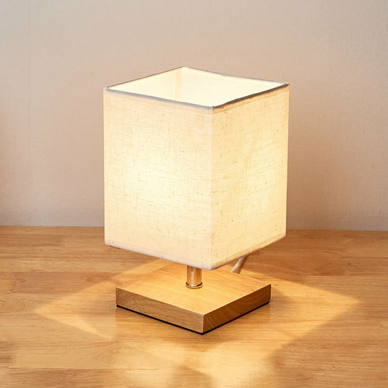 Minimalistic Flaxen Wood Table Lamp - 1-Light Fabric Night Light For Bedroom / Square Plate