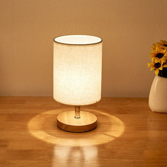 Minimalistic Flaxen Wood Table Lamp - 1-Light Fabric Night Light For Bedroom / Round