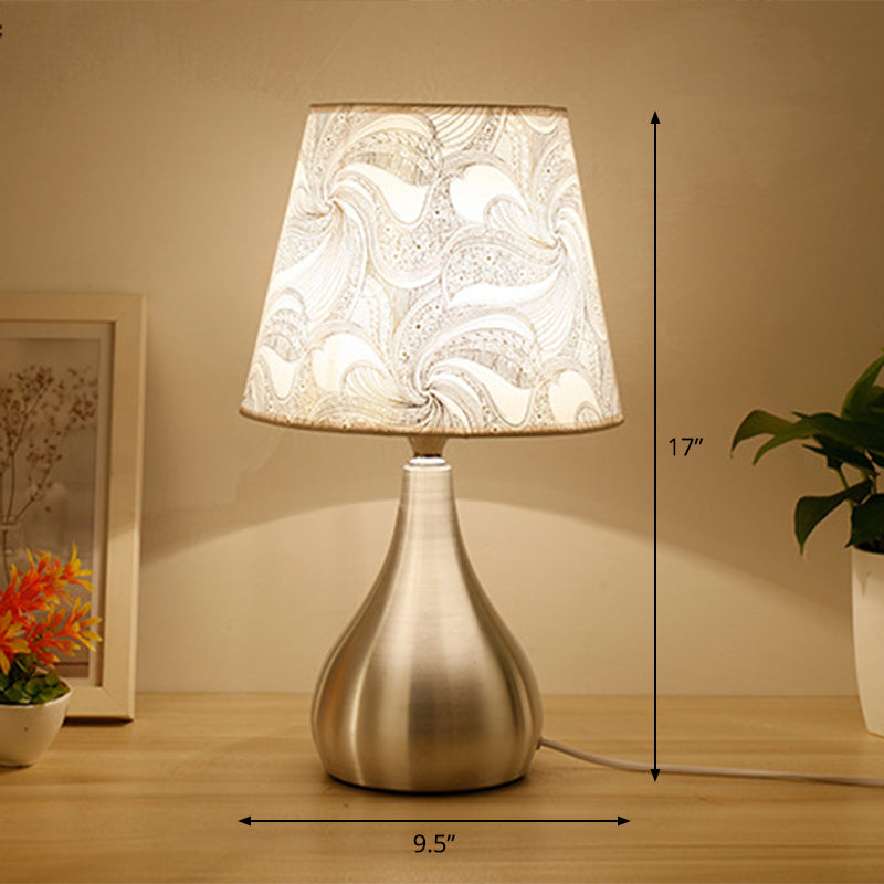 Contemporary Silver Table Lamp With Empire Shade Print Fabric - 1-Light Nightstand Light