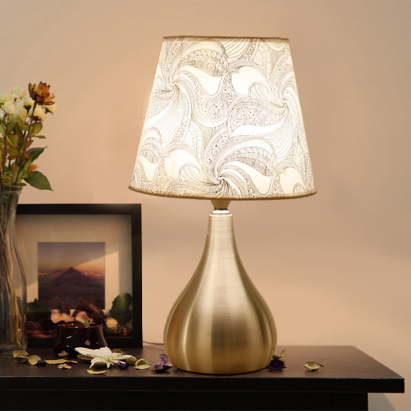 Contemporary Silver Table Lamp With Empire Shade Print Fabric - 1-Light Nightstand Light