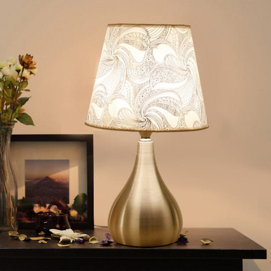 Contemporary Silver Table Lamp With Empire Shade Print Fabric - 1-Light Nightstand Light