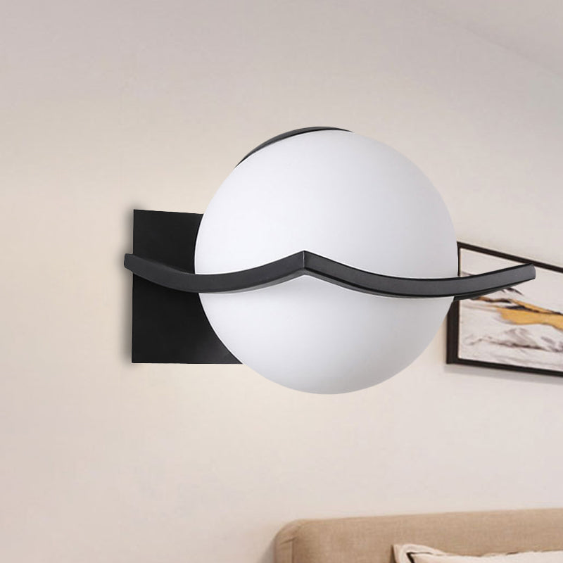 Modern Opal Glass Globe Wall Sconce With 1 Light - Bedroom Lighting In Black/Gold