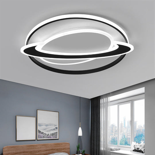 Cosmic Bedroom Glow: Black-White Acrylic LED Flush Mount Ceiling Light with a Ringed Planet Design