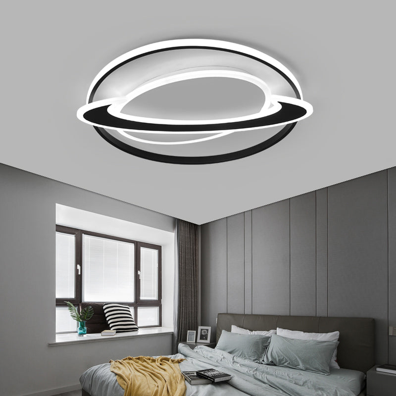 Cosmic Bedroom Glow: Black-White Acrylic LED Flush Mount Ceiling Light with a Ringed Planet Design