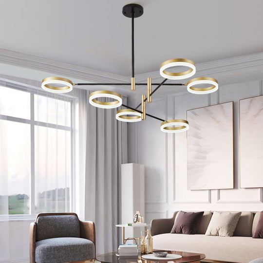 Black-Gold Adjustable Ring Chandelier With Led Acrylic Lights Modern Living Room Hanging Light