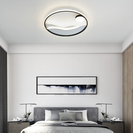 Artistic Bedroom Ambiance: Sunrise And Sea Led Flush Mount Ceiling Light With A Metal Halo Ring