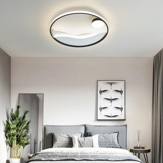 Artistic Bedroom Ambiance: Sunrise And Sea Led Flush Mount Ceiling Light With A Metal Halo Ring