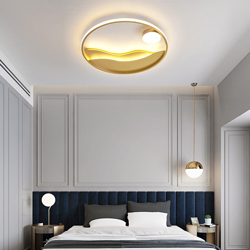 Artistic Bedroom Ambiance: Sunrise And Sea Led Flush Mount Ceiling Light With A Metal Halo Ring