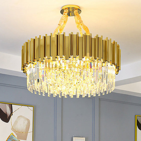 Modern Brass Drum Chandelier With Crystal Prism Shade - Simple Style Suspension Light